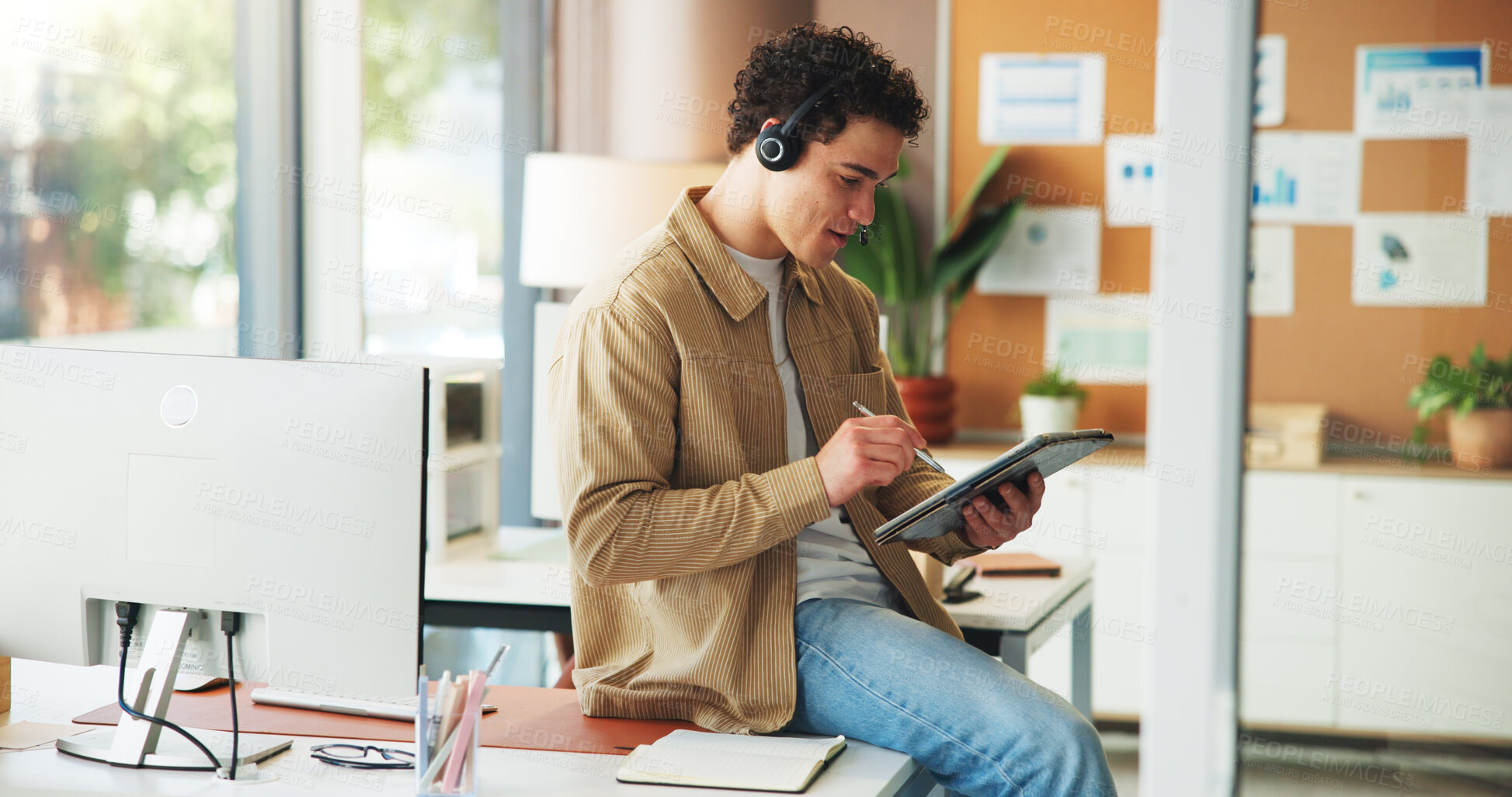 Buy stock photo Tablet, headset and businessman in office with research for creative review with contact us. Mic, stylus and media consultant with digital technology for planning with communication, crm or support.