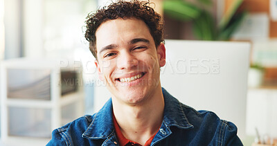 Buy stock photo Design, portrait and smile of business man in office for confidence, job satisfaction or pride. About us, creative and professional with happy designer in workplace for start of career internship
