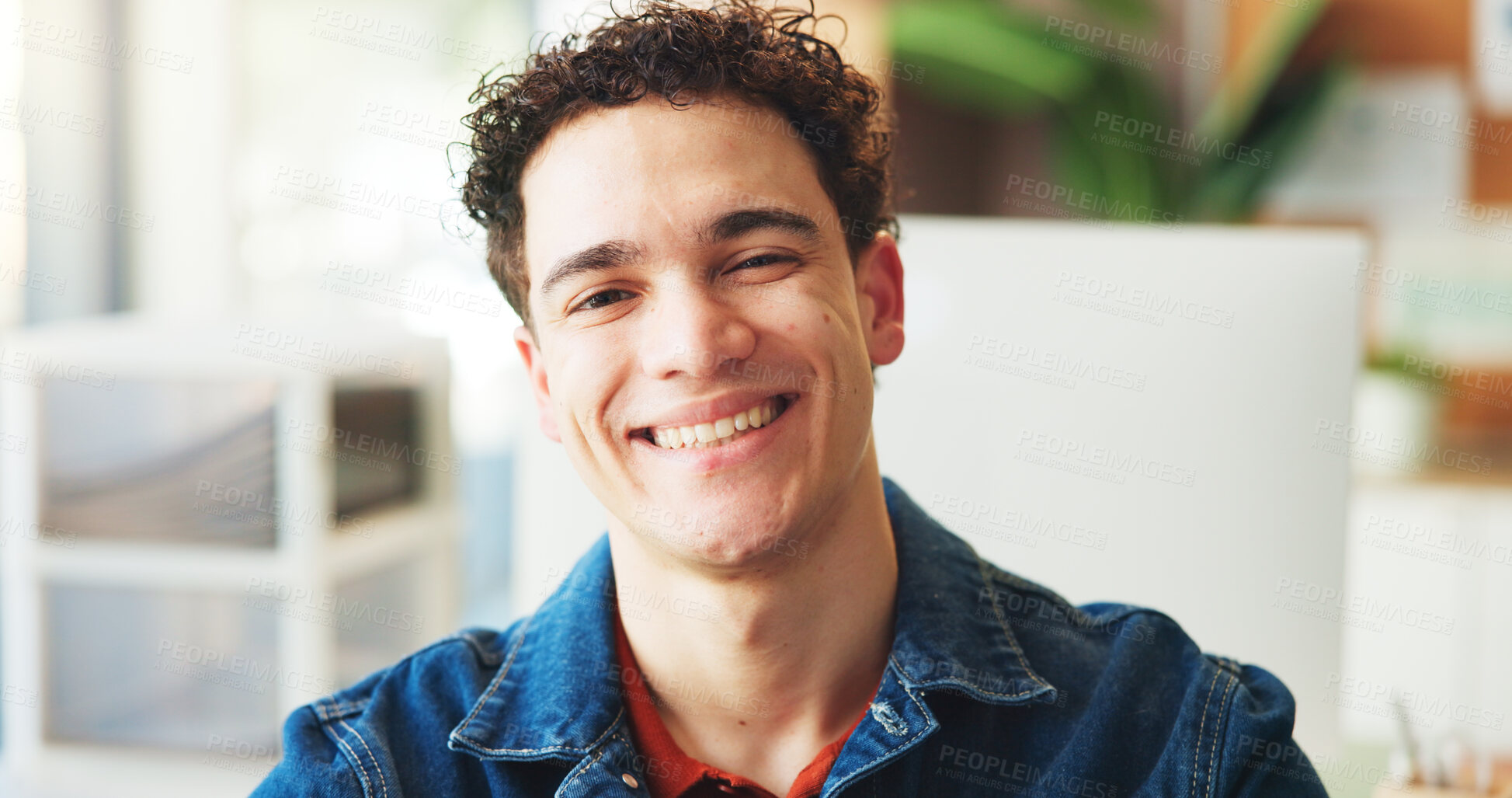 Buy stock photo Design, portrait and smile of business man in office for confidence, job satisfaction or pride. About us, creative and professional with happy designer in workplace for start of career internship