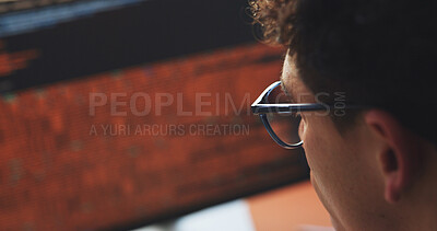 Buy stock photo Review, code and man in office with computer screen, software error or data check in debug process. Programming, database and system analyst in agency with tech, script and log test for best practice