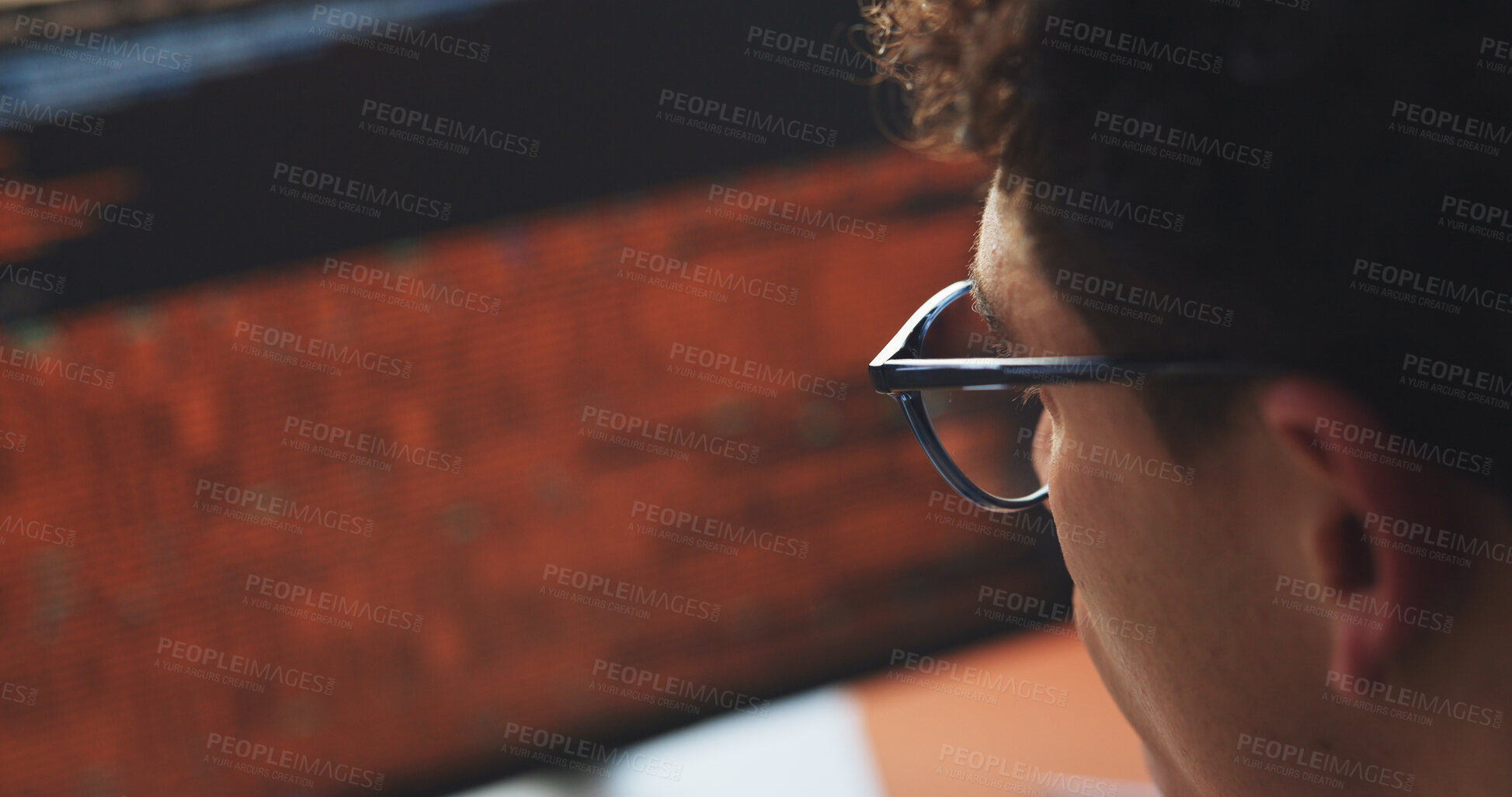 Buy stock photo Review, code and man in office with computer screen, software error or data check in debug process. Programming, database and system analyst in agency with tech, script and log test for best practice