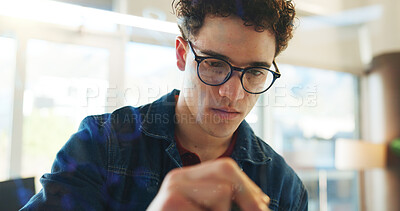 Buy stock photo Review, planning or man with glasses in office, reading app development report or project proposal. Reflection, technical document or software programmer with prototype update, workplace or check
