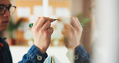 Buy stock photo Branding, writing or marketer with glass wall in advertising agency, plan or target increase strategy. Marketing, promotion project or man with marker at board for awareness ideas, campaign or goals