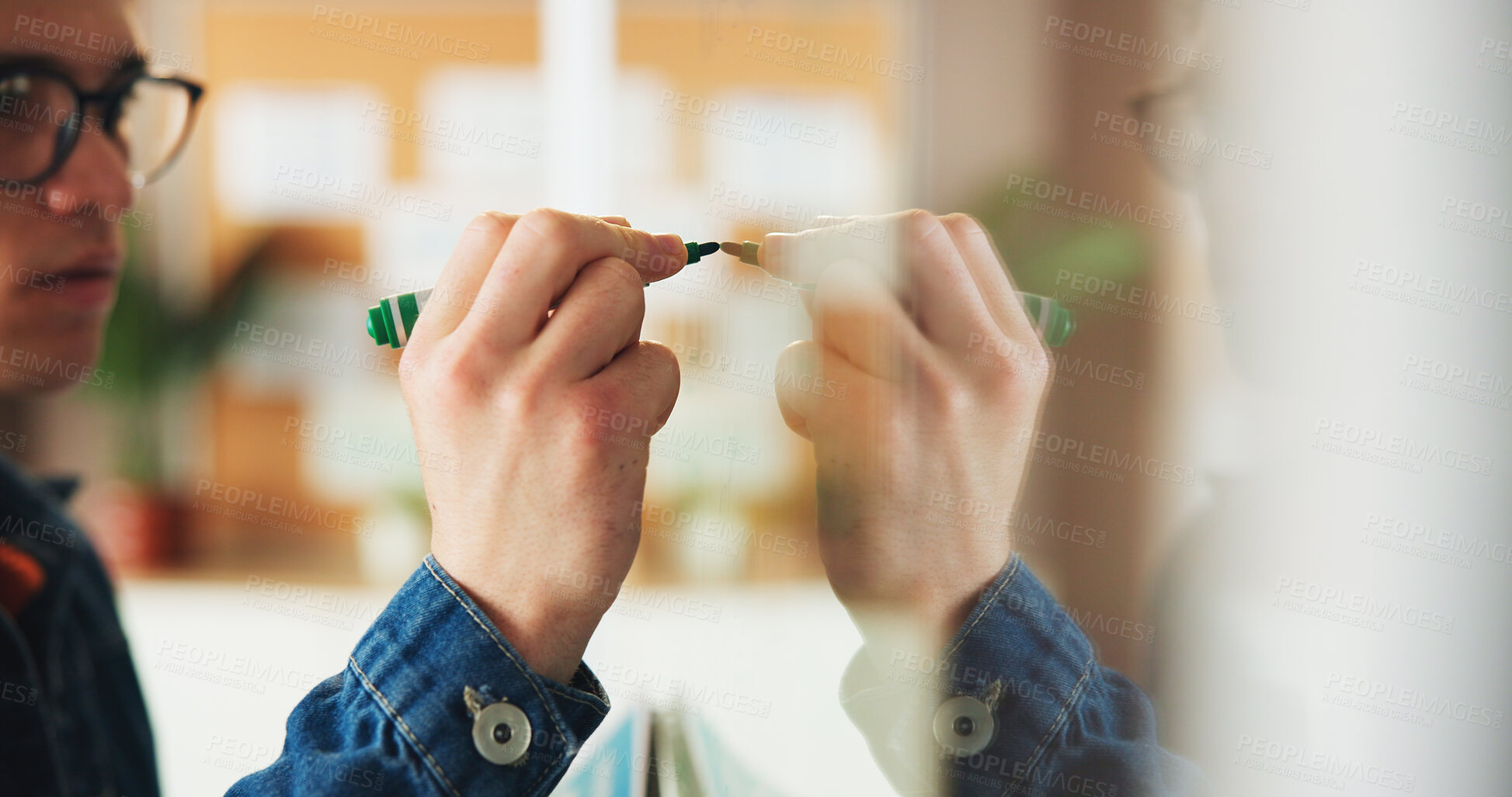 Buy stock photo Branding, writing or marketer with glass wall in advertising agency, plan or target increase strategy. Marketing, promotion project or man with marker at board for awareness ideas, campaign or goals