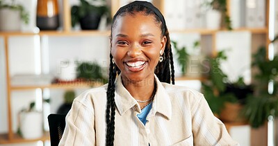 Buy stock photo Portrait, woman or smile in office with sustainable business, eco friendly project or job satisfaction. Happy, black person and pride for ESG compliance, agro management internship and career growth.