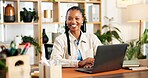 Portrait, black woman and smile in office with laptop for sustainable business, project and proposal. Happy, person and confidence with computer for ESG compliance, eco friendly company and about us.