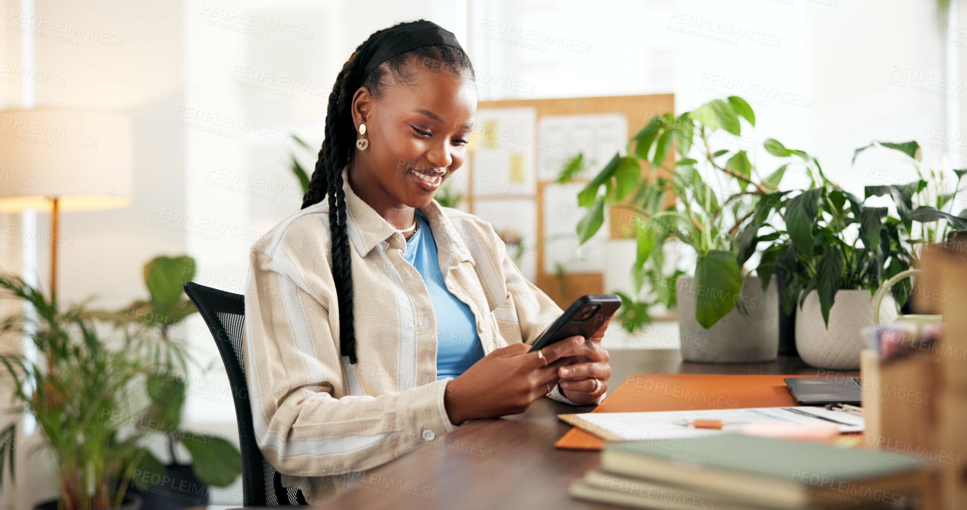 Buy stock photo Business, phone and typing with black woman in plant nursery for social media or text message communication. App, contact and mobile with happy African florist at desk in workplace for email feedback