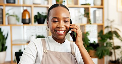 Buy stock photo Phone call, smile or black woman in office with plant, client chat or negotiation on sustainable material. Happy, networking or eco consultant in agency with tech, outreach or discussion on ESG goal.