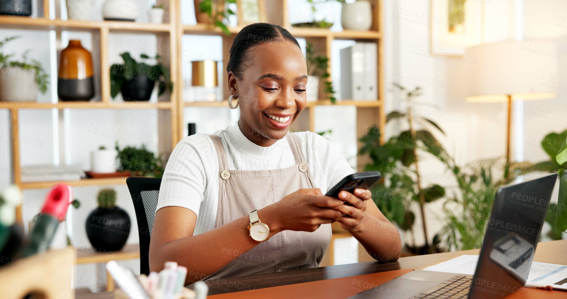 Buy stock photo Business, phone and typing with black woman florist in office for social media or text message communication. App, contact and mobile with happy African person in plant nursery for email feedback