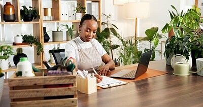 Buy stock photo Clipboard, laptop and black woman in office with information for sustainable or eco friendly startup. Computer, female person and African nursery manager writing notes for plants sales in workplace.