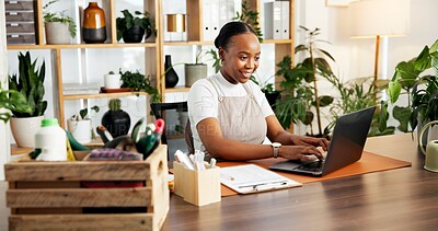 Buy stock photo Black woman, happy florist and typing on laptop for small business, inventory or online order. Plant shop, computer and person in office for stock, sales info or floral arrangement in startup nursery