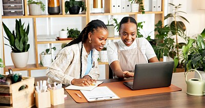 Buy stock photo Smile, black women and florist with laptop for startup with online order, inventory and check stock. People, teamwork and reading reviews on pc, ecommerce report and information for floral delivery