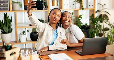 Buy stock photo Selfie, laptop and black women in office with collaboration for eco friendly business with about us. Happy, memory and African sustainability coordinators with photography picture for company website