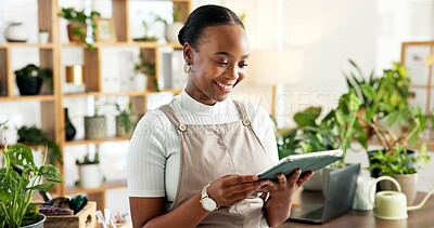 Buy stock photo Black woman, happy florist and tablet for small business, inventory or online order for ecology. Plant shop, technology and person in office for stock, sales or review info in sustainable nursery