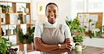 Portrait, woman and florist in office with arms crossed, sustainable business or eco friendly project. Confident, black person and botanist with pride for agro company, entrepreneurship and about us.