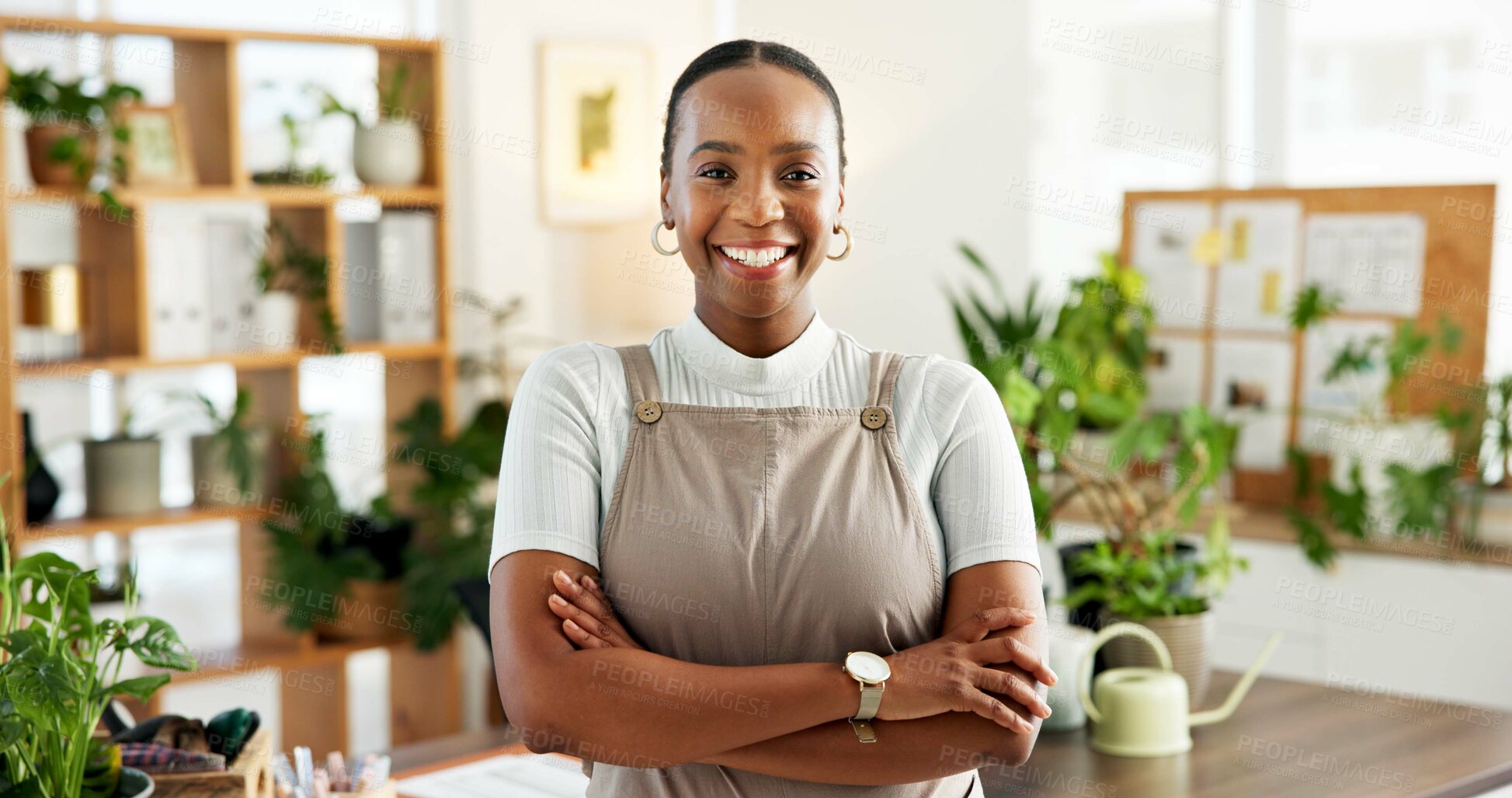 Buy stock photo Portrait, woman and florist in office with arms crossed, sustainable business or eco friendly project. Confident, black person and botanist with pride for agro company, entrepreneurship and about us.