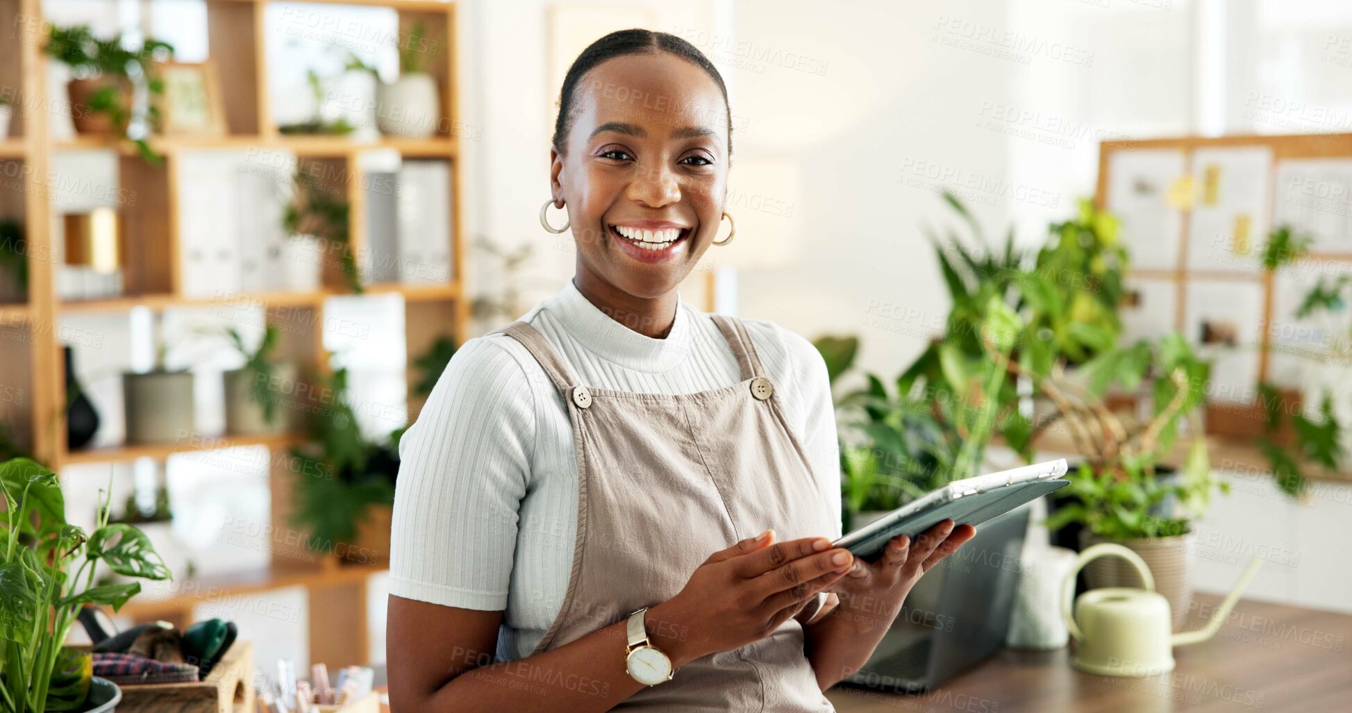 Buy stock photo Portrait, garden writer or tablet in office, research or eco friendly info for sustainability magazine. Horticulture blog publication or black woman with tech in agency, guide or tips for plant care