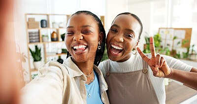 Buy stock photo Peace sign, portrait and selfie of black women in nursery together for retail plants. Emoji, smile and social media with florist people in small business workplace for memories or photograph POV