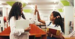 Happy woman, teacher or student with high five in library for education, learning or success. Female person, educator or smile with kid, girl or child for literature, reading or well done in bookshop