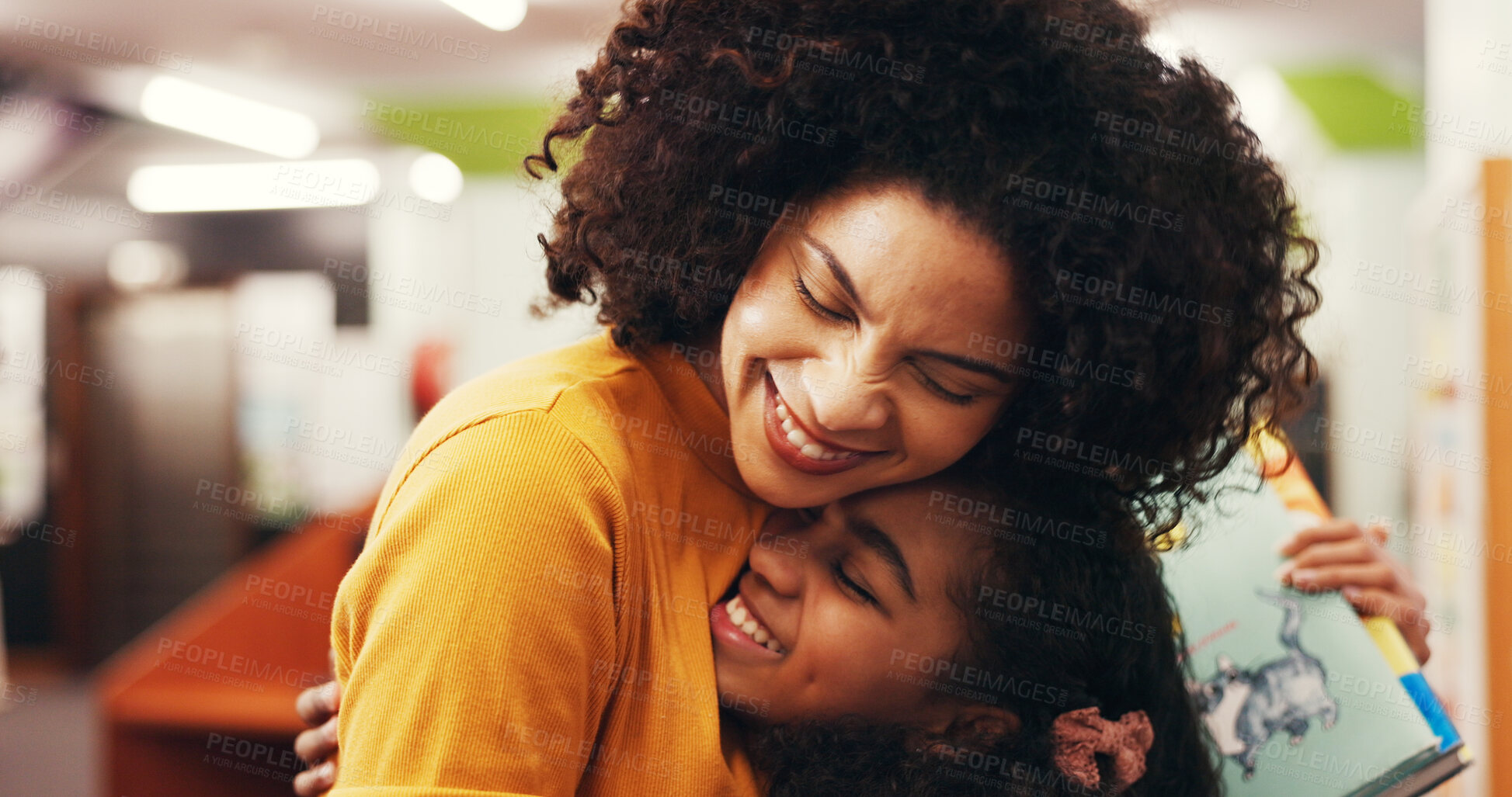 Buy stock photo Happy, mother and daughter in library with hug for book choice, bonding together or skill development. Parent, child or embrace in bookshop with smile for literature, knowledge support or connection.