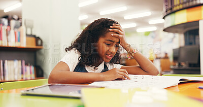 Buy stock photo Confused, child or difficult homework in library with stress, education burnout or information overload. Frustrated, student and girl with learning disability, school assignment and academic project.