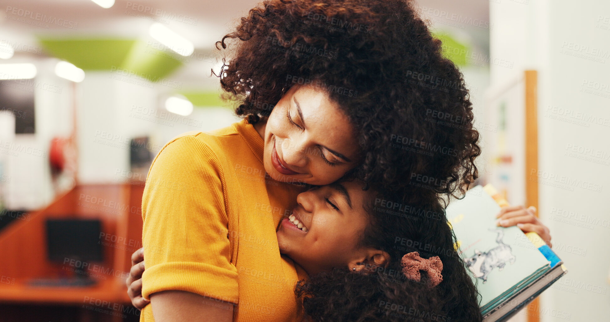 Buy stock photo Smile, mother and daughter in library with hug for book choice, bonding together or skill development. People, parent or child in bookshop with embrace for literature, knowledge support or connection