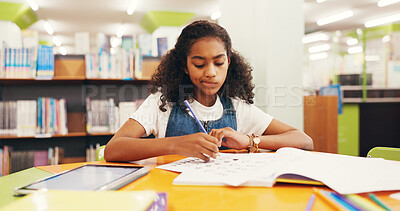 Buy stock photo Library, student and child with test, writing and fine motor skills with knowledge, learn and growth. Education, cognitive development and girl with assignment, paperwork and exam for scholarship