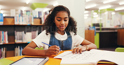 Buy stock photo Library, student and child with smile, writing or fine motor skills with knowledge, learn and growth. Education, cognitive development and girl with assignment, paperwork and exam for scholarship