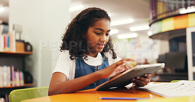 Buy stock photo Tablet, education and child in library for research online with studying for test, assignment or exam. Digital technology, learning and girl kid student reading information on app for knowledge.