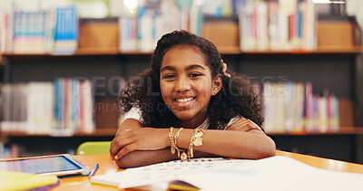 Buy stock photo Happy girl, portrait and student with books in library for education, learning or literature. Child, kid or learner with smile or homework in bookshop or store for knowledge, wisdom or academic study