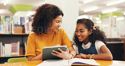 Buy stock photo Teacher, child and lesson with tablet in library with reading evaluation, literature and problem solving. Tutor, student and education with tech for assessment, learning support or study assistance
