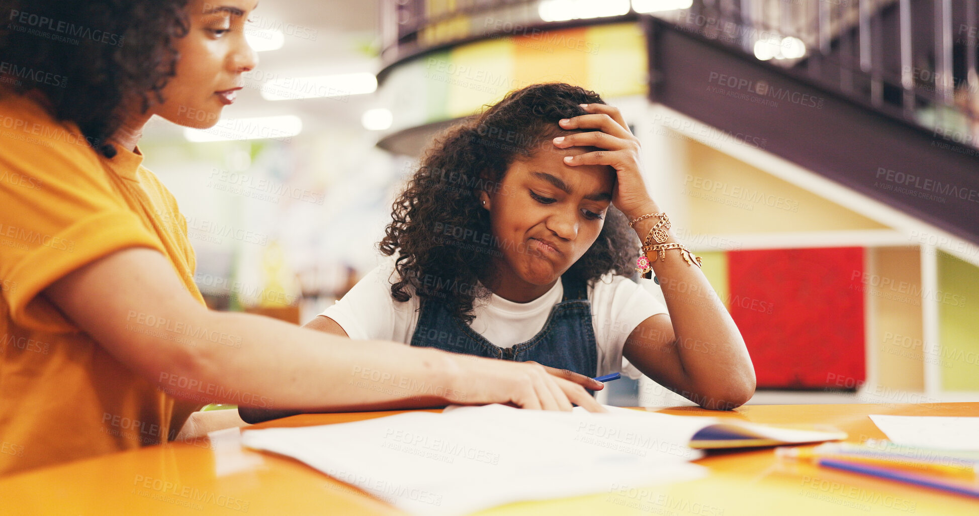 Buy stock photo Tutor, confused or girl in library with homework, teaching or unsure in learning struggle. Education, frustrated student or mentor at table with book, sld support or guidance for academic development