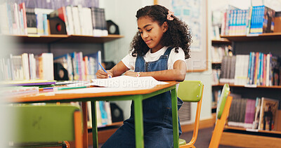 Buy stock photo Library, learning and child with smile, writing or fine motor skills with knowledge, book and growth. Education, cognitive development and girl with assignment, paperwork and exam for scholarship