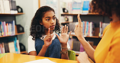 Buy stock photo Woman, child and counting hands with teacher in library for homework, mathematics or learning. Female person, girl or student with educator, addition or subtraction for education, tutor or numbers