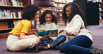 Grandma, mother and child reading in library with novel for bonding together, growth or development. Parent, daughter or people in bookshop with storytelling for literature, knowledge and connection.