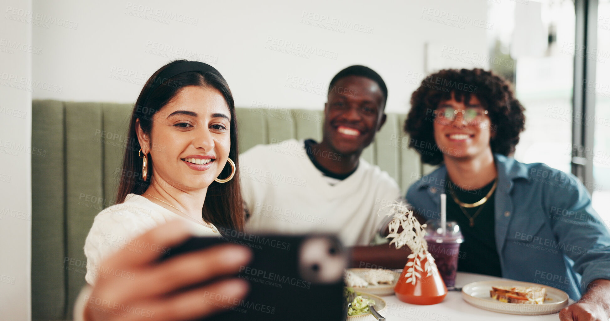 Buy stock photo Woman, friends and selfie with smile at restaurant, lunch and reunion with photography for memory. People, students and happy with profile picture for social media post, bonding or fast food at diner