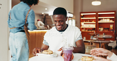 Buy stock photo Fast food, smile and man in cafe, snack and hungry with order, hospitality and smoothie. People, friends and customer in restaurant, excited and happiness with healthy meal, service and burger