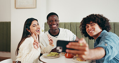 Buy stock photo Restaurant, happy and selfie of friends with peace sign for social media, memory and online post. Hangout, cafe and men with woman take photo, picture and emoji for bonding, relax and meal together