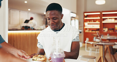 Buy stock photo Man, happy and waiter with hamburger at restaurant, service and thank you for order at diner. Person, server and smile for customer experience, excited or gratitude with fast food meal at cafe