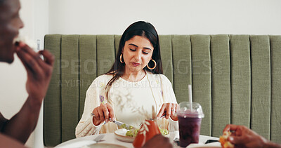 Buy stock photo Friends, woman and eating lunch in restaurant for social gathering, weekend break and hangout. Hungry, healthy sandwich and people with brunch at cafe with nutrition, breakfast diet or fast food meal