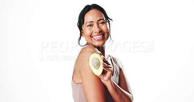 Buy stock photo Portrait, skincare and woman with avocado, studio or facial treatment with vitamin c or antioxidants. White background, natural cosmetics and mature person with fruit, anti aging and mockup space