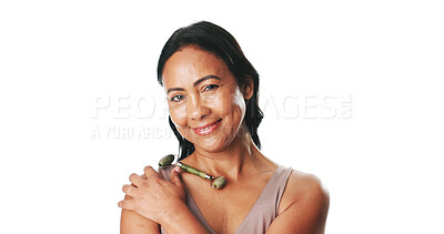 Buy stock photo Beauty, woman and face roller in studio for self care routine, lymphatic drainage and space. Mockup portrait, mature person and jade tool on white background for blood circulation and skin benefits