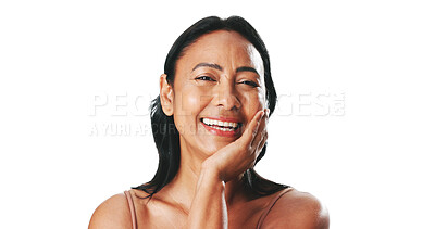 Buy stock photo Skincare, portrait or woman in studio with smile, natural or smooth skin in anti aging treatment. Dermatology, touch or mature person on white background for confidence, shine or glow at mockup space