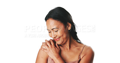 Buy stock photo Skincare, happy and mature woman in studio for beauty, natural and anti aging cosmetics. Smile, mockup space and female person with dermatology for glow, wellness or health by white background.