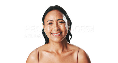 Buy stock photo Beauty, woman or skincare portrait in studio with healthy glow, anti aging results or hydration. Mockup space, person or smile on white background with self care radiance, collagen treatment or pride