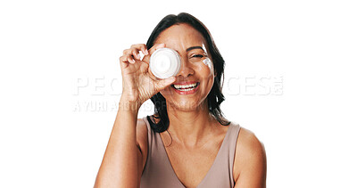 Buy stock photo Face cream, beauty and portrait of woman in studio with natural, moisturizing or facial routine. Skincare, happy and mature female person with dermatology spf, sunscreen or lotion by white background
