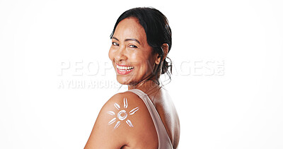 Buy stock photo Mature, happy woman and portrait with sunscreen in studio for SPF on a white background. Female person, model or smile with lotion, UV protection or moisturizer for skincare or dermatology on space