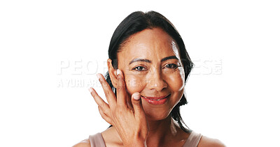 Buy stock photo Portrait, glow and woman with smile, skincare or confident with wellness, self care and mockup space. White background, studio and mature person with healthy skin, cosmetics and dermatology in Mexico