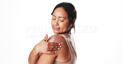 Buy stock photo Mature, happy woman or skincare with sunscreen in studio for SPF on a white background. Female person, model or smile with lotion, UV protection or moisturizer for smooth skin or dermatology on space