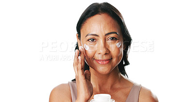 Buy stock photo Face cream, skincare and portrait of woman in studio with natural, moisturizing or facial routine. Health, happy and mature female person with dermatology spf, sunscreen or lotion on white background